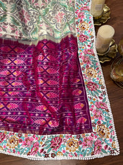Twill Ikkat Machine Embroidered Saree