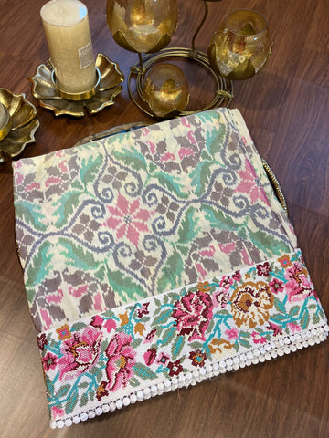 Twill Ikkat Machine Embroidered Saree