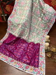 Twill Ikkat Machine Embroidered Saree