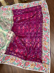 Twill Ikkat Machine Embroidered Saree