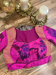 Pink Hand-painted Kanchi Kalamkari with Paithani Fusion Exclusive Blouse