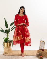 Red Pure Banarasi Kora Silk Straight Suit