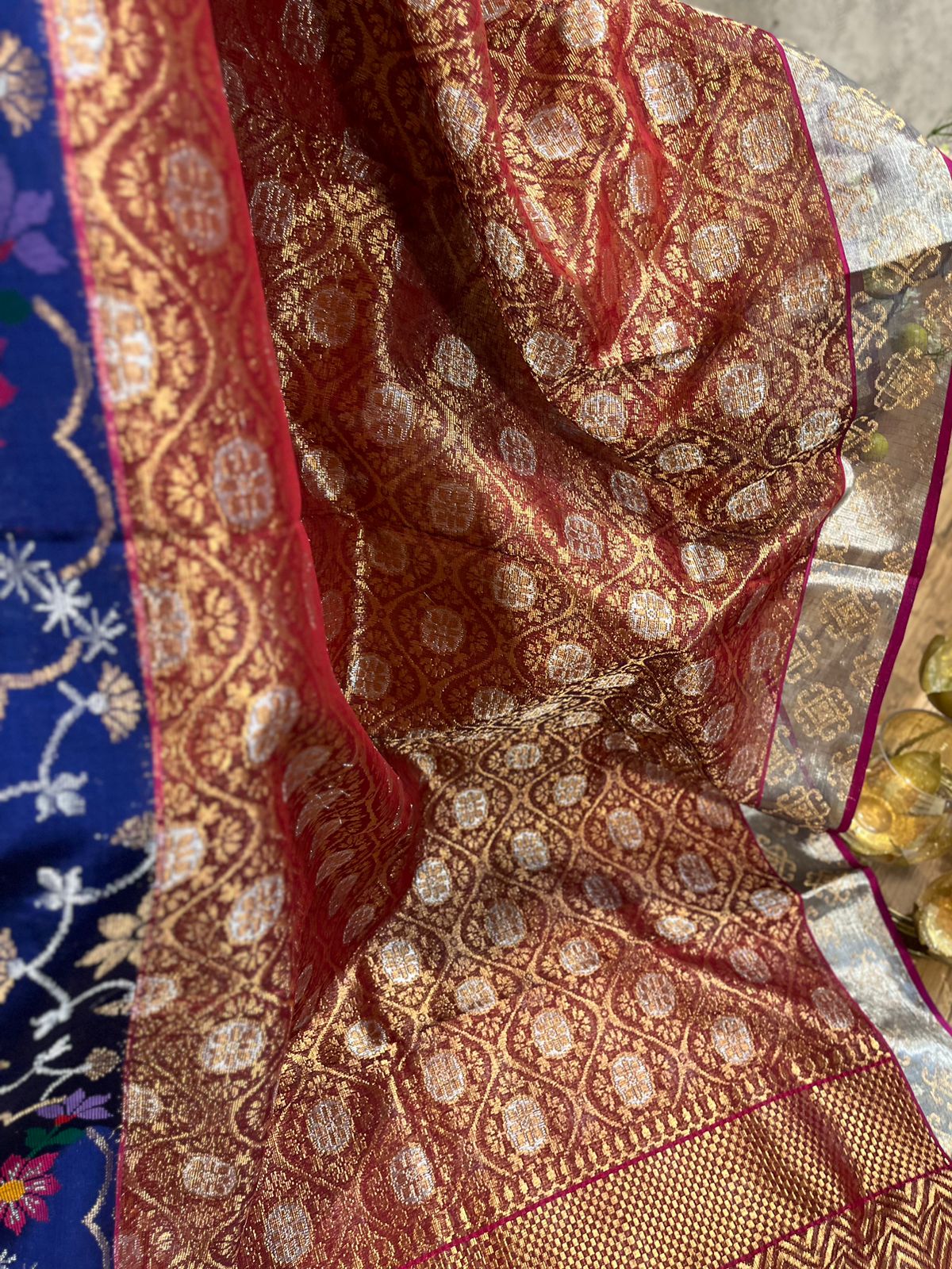 Brick and Royal Blue Pure Zari kota Jamawar