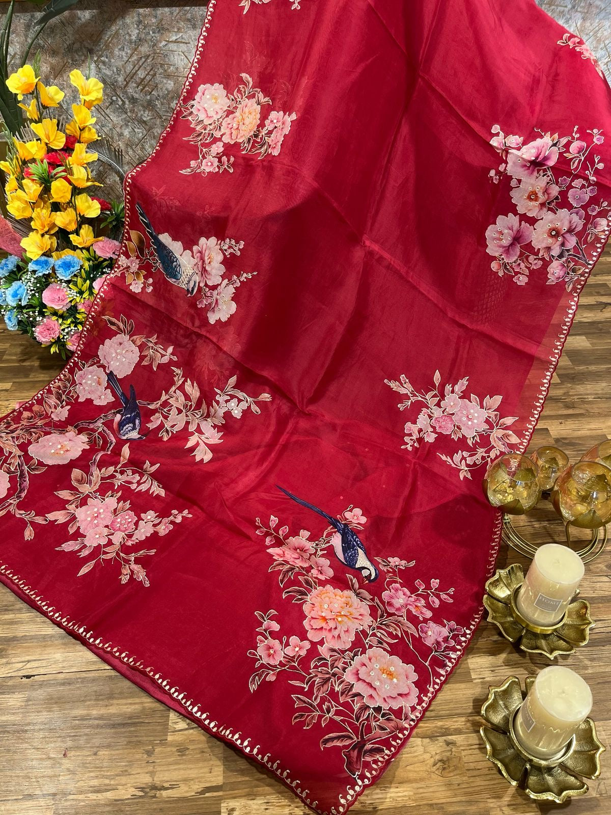 Red Designer Floral Print Organza