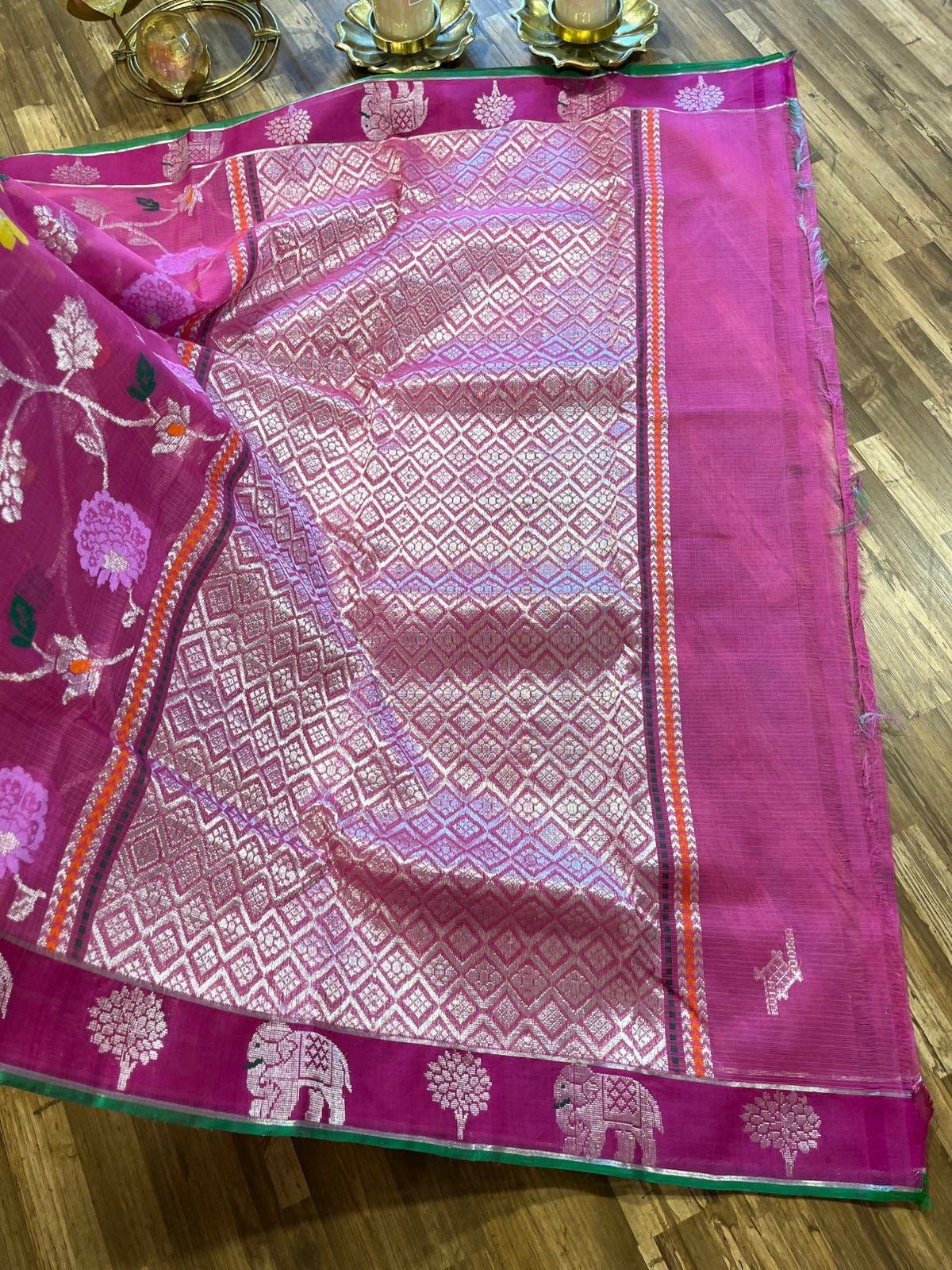 Designer All Over Jaal Pure Zari Kota Saree with Contrast Blouse