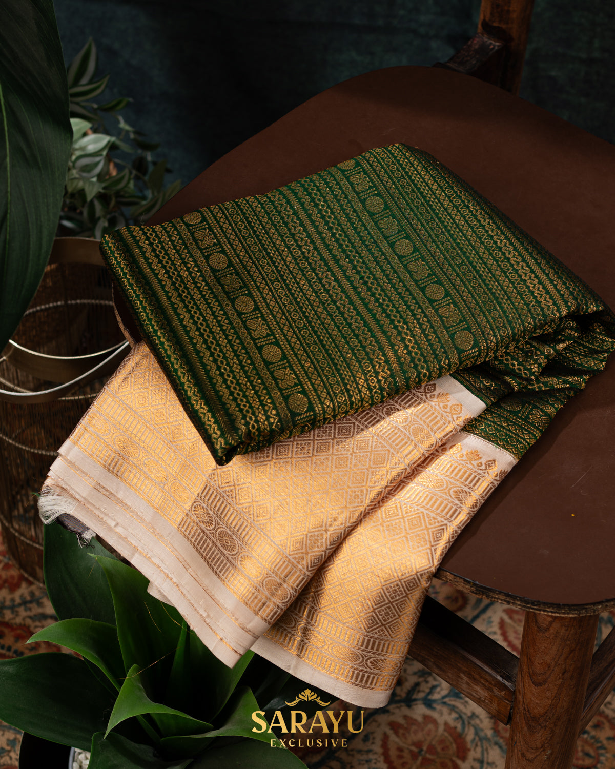 Rich Bottle Green and Cream Pure Kanchi Silk