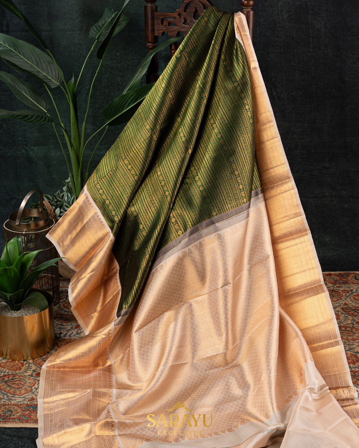 Rich Bottle Green and Cream Pure Kanchi Silk