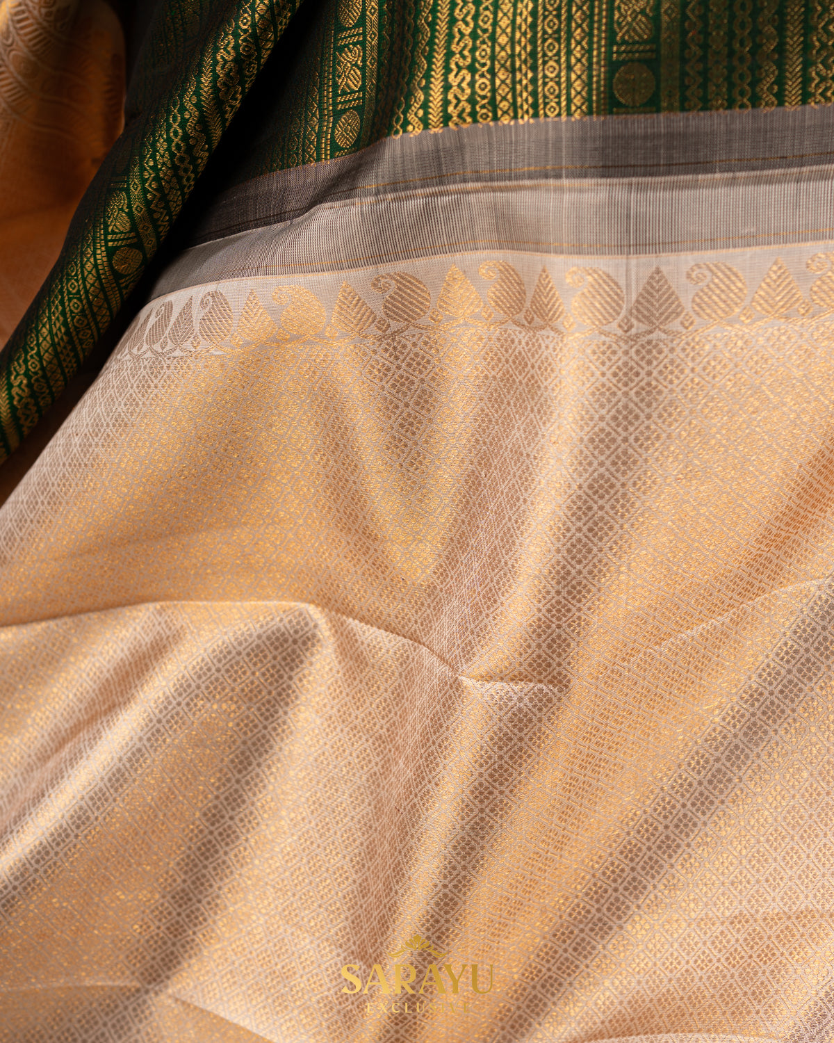 Rich Bottle Green and Cream Pure Kanchi Silk
