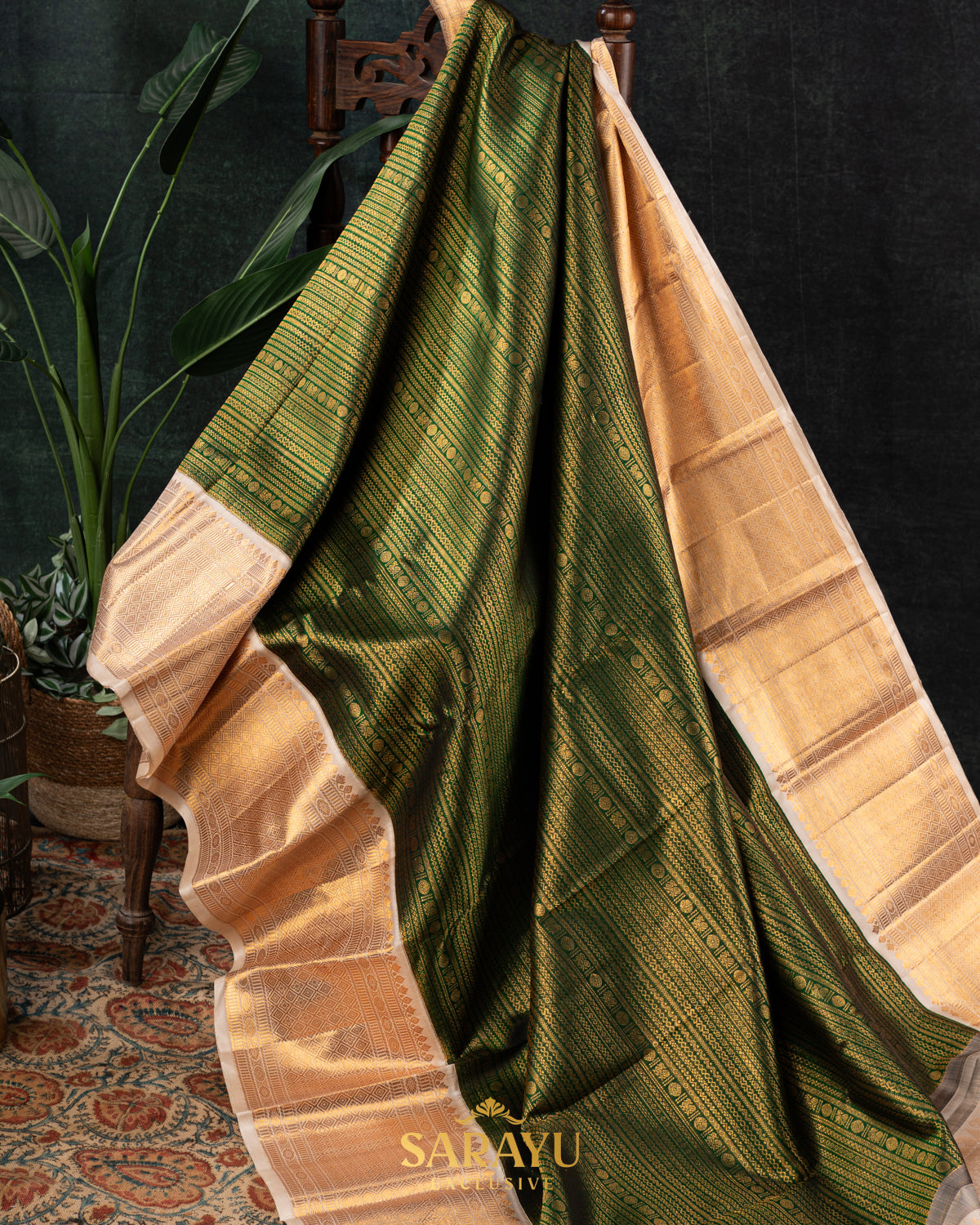 Rich Bottle Green and Cream Pure Kanchi Silk