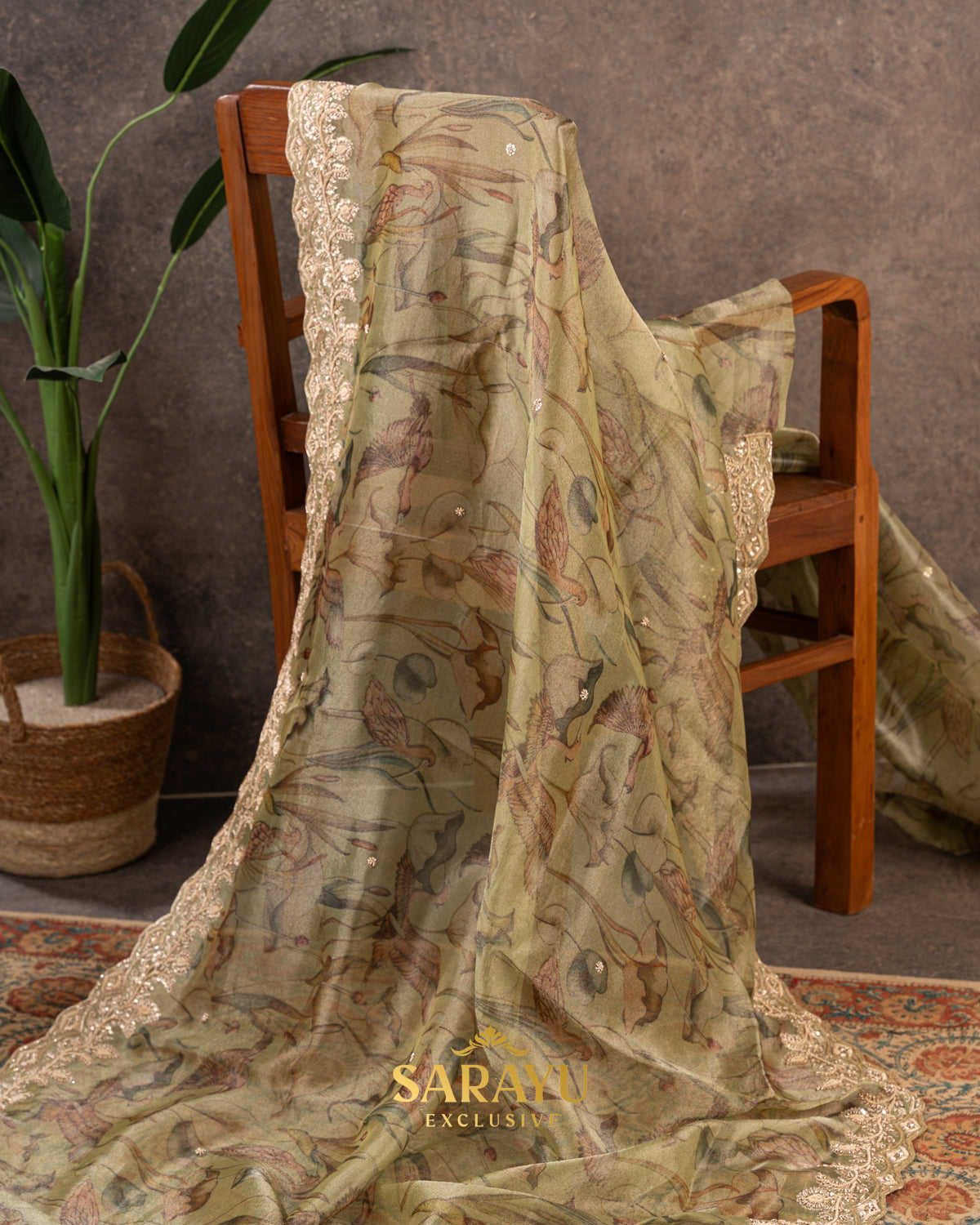 Light Green Digital Printed Handworked Pure Organza Saree