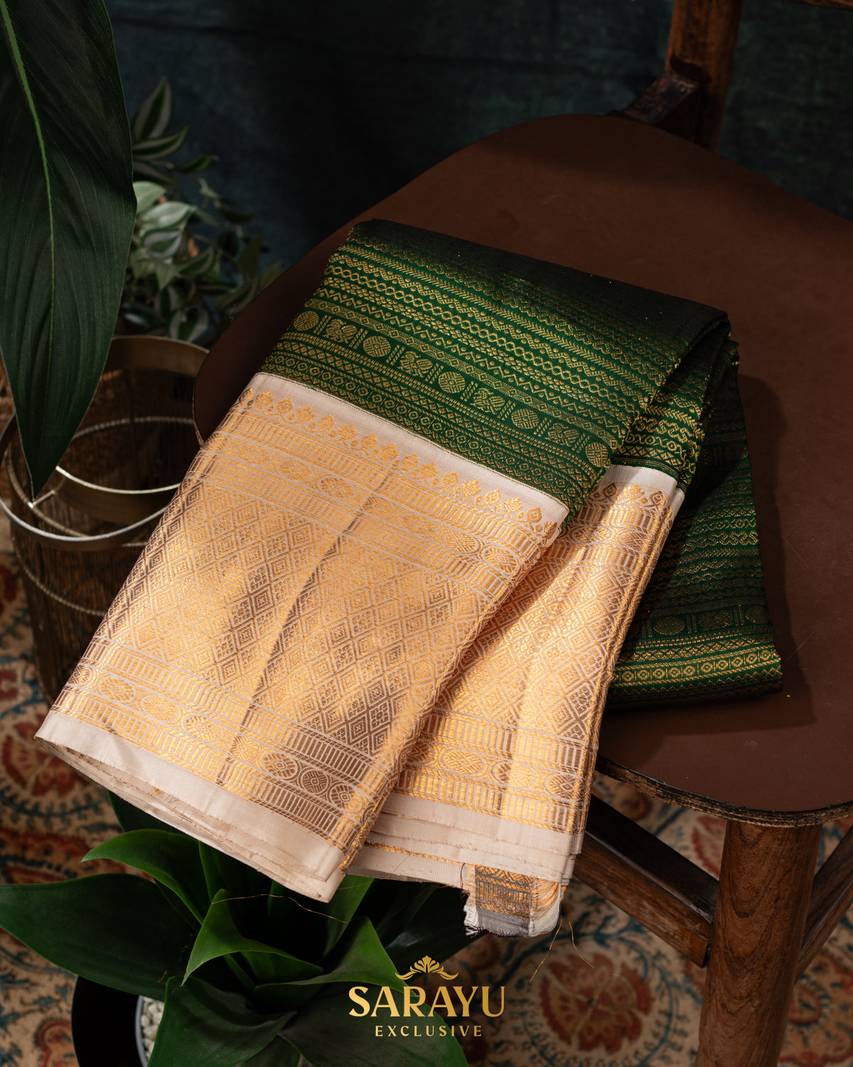 Rich Bottle Green and Cream Pure Kanchi Silk