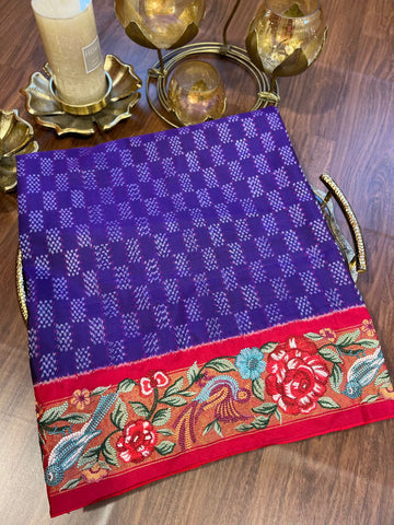 Purple and Red Twill Ikkat Machine Embroidered Saree