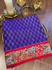 Purple and Red Twill Ikkat Machine Embroidered Saree