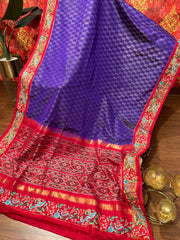 Purple and Red Twill Ikkat Machine Embroidered Saree