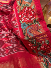 Purple and Red Twill Ikkat Machine Embroidered Saree