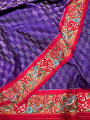 Purple and Red Twill Ikkat Machine Embroidered Saree