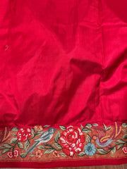 Purple and Red Twill Ikkat Machine Embroidered Saree