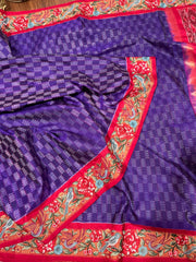 Purple and Red Twill Ikkat Machine Embroidered Saree