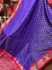 Purple and Red Twill Ikkat Machine Embroidered Saree