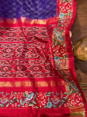 Purple and Red Twill Ikkat Machine Embroidered Saree