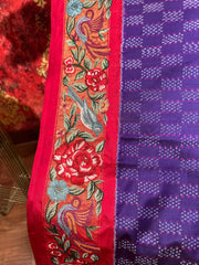 Purple and Red Twill Ikkat Machine Embroidered Saree