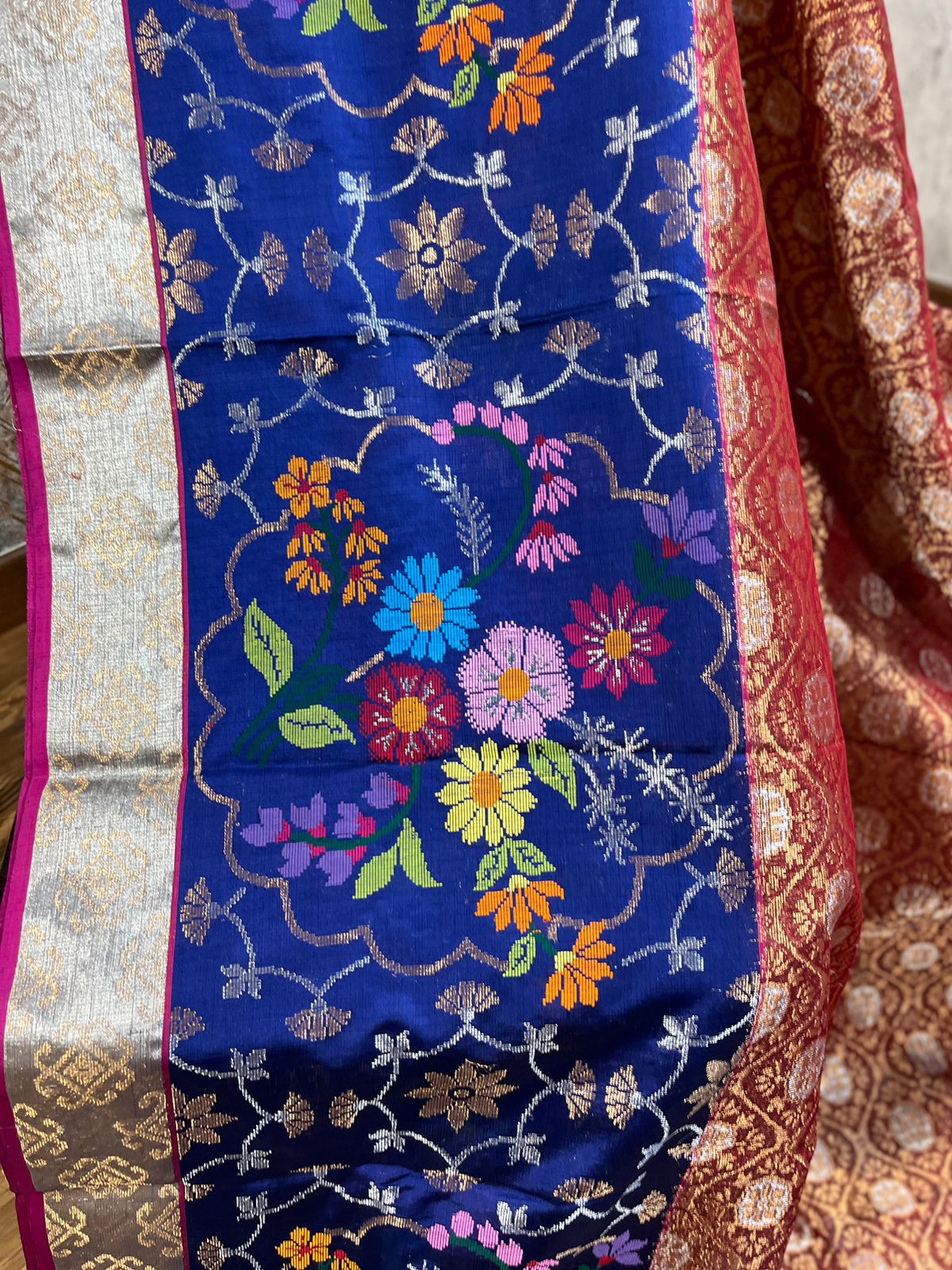 Brick and Royal Blue Pure Zari kota Jamawar
