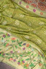 Light Parrot Green Cotton Jamdhani with Paithani Exclusive Masterpiece Fusion  Saree