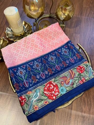 Pink & Navy Twill Ikat Saree with Cross Stitch Floral Embroidery Border