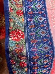 Pink & Navy Twill Ikat Saree with Cross Stitch Floral Embroidery Border