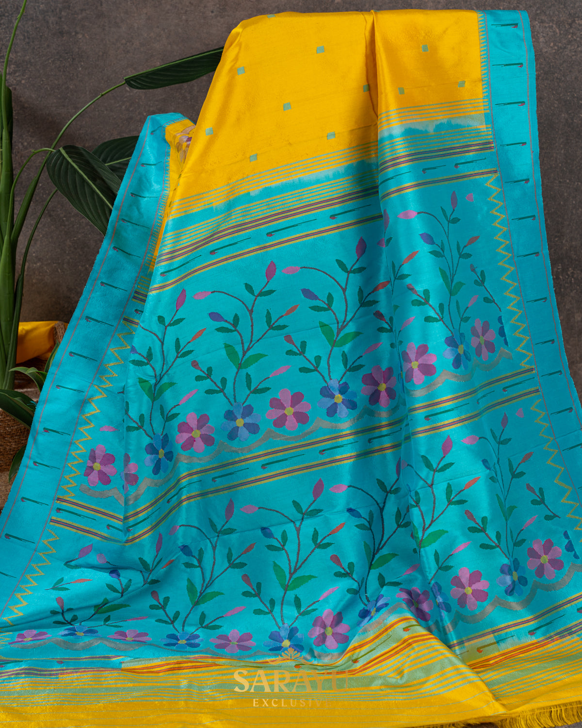 Yellow and Coppersulphate Pure Paithani Half Overall Saree