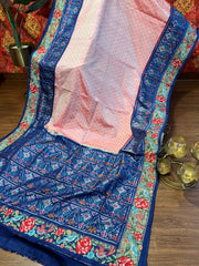 Pink & Navy Twill Ikat Saree with Cross Stitch Floral Embroidery Border