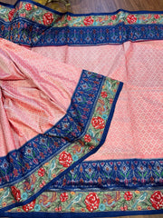Pink & Navy Twill Ikat Saree with Cross Stitch Floral Embroidery Border
