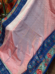 Pink & Navy Twill Ikat Saree with Cross Stitch Floral Embroidery Border