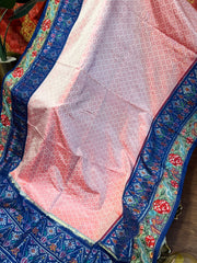 Pink & Navy Twill Ikat Saree with Cross Stitch Floral Embroidery Border