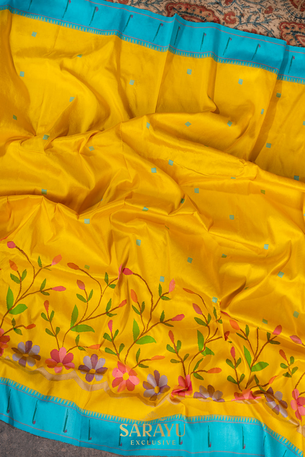 Yellow and Coppersulphate Pure Paithani Half Overall Saree
