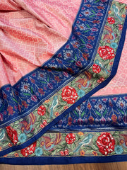 Pink & Navy Twill Ikat Saree with Cross Stitch Floral Embroidery Border