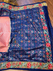 Pink & Navy Twill Ikat Saree with Cross Stitch Floral Embroidery Border