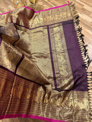 Sky blue and chocolate brown tone Gadwal saree