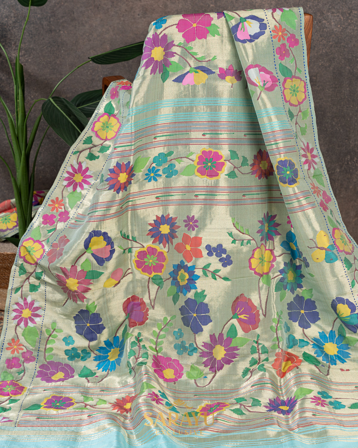 Ice Blue Pure Tissue Paithani All Over Saree