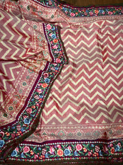 Twill Ikkat Machine Embroidered Saree