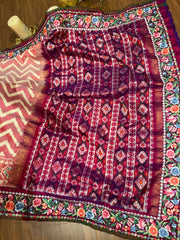 Twill Ikkat Machine Embroidered Saree