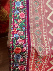 Twill Ikkat Machine Embroidered Saree
