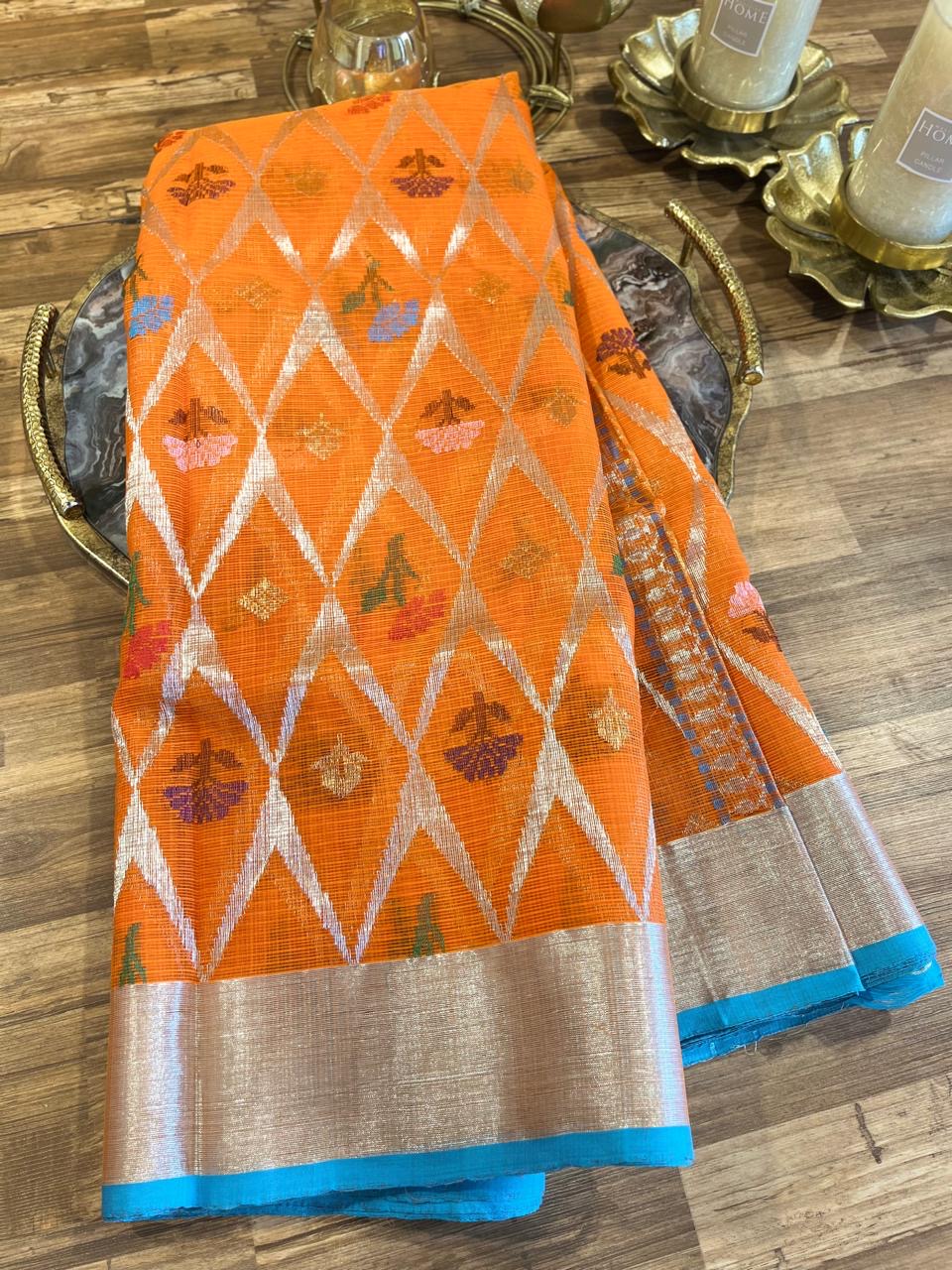 Designer All Over Jaal Pure Zari Kota Saree with Contrast Blouse