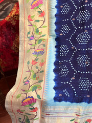 Blue and Beige Pure Pathani Hand Bandhini Masterpiece
