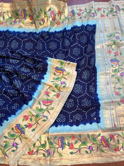 Blue and Beige Pure Pathani Hand Bandhini Masterpiece