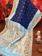 Blue and Beige Pure Pathani Hand Bandhini Masterpiece