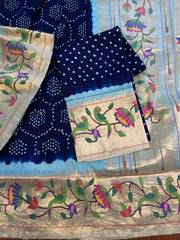 Blue and Beige Pure Pathani Hand Bandhini Masterpiece