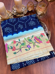 Blue and Beige Pure Pathani Hand Bandhini Masterpiece
