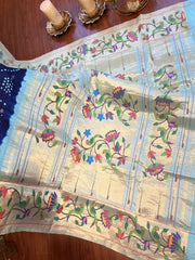Blue and Beige Pure Pathani Hand Bandhini Masterpiece