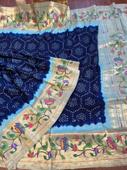 Blue and Beige Pure Pathani Hand Bandhini Masterpiece